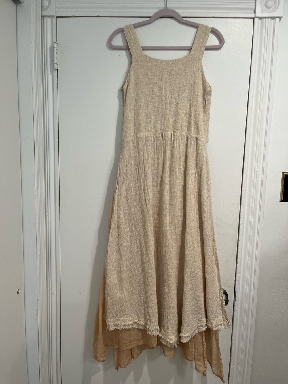 Aya Sacred Cream Raw Cotton Fringe Midi Dress with Knotted Cutout Waist Sz. S/M - Picture 3 of 9